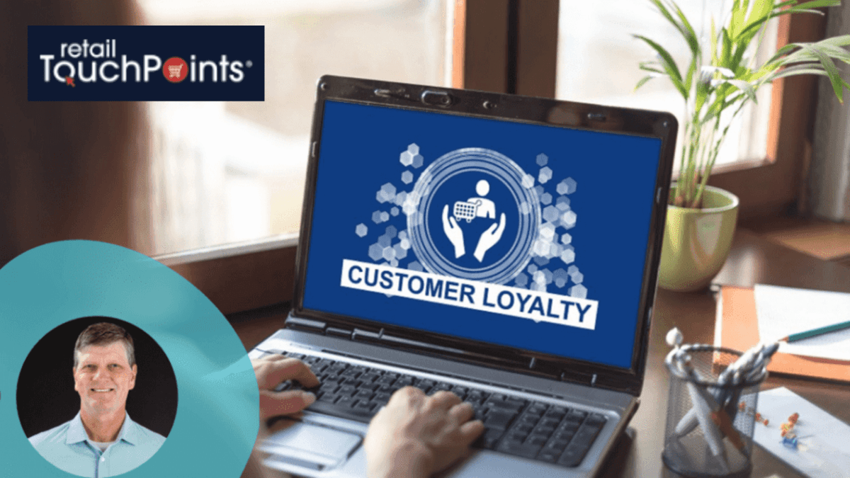 A person types on a laptop displaying "CUSTOMER LOYALTY" with a customer icon, surrounded by plants and sunlight. Text: "retail TouchPoints." A circular inset shows a man's portrait.