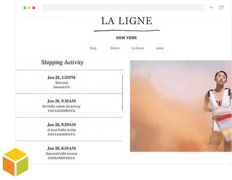 Browser mockup of a client shipping activity tracking page