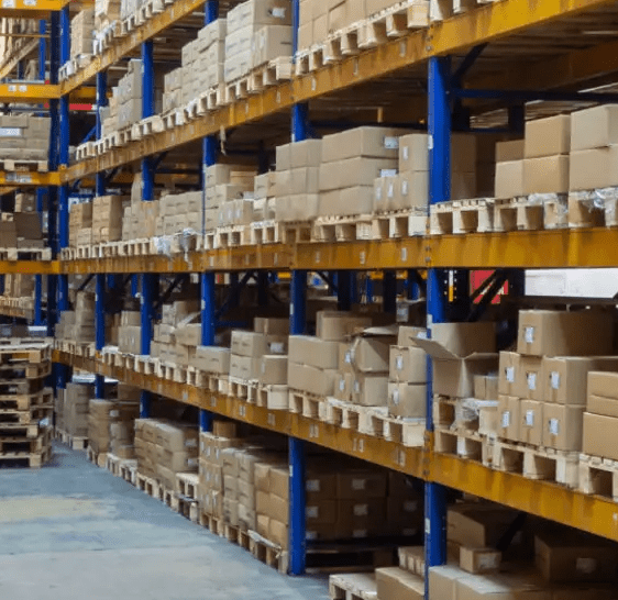 Rows of pallet racking filled with boxed inventory