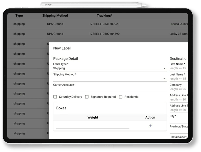 Boxzooka WMS new shipping label creation screen on a tablet