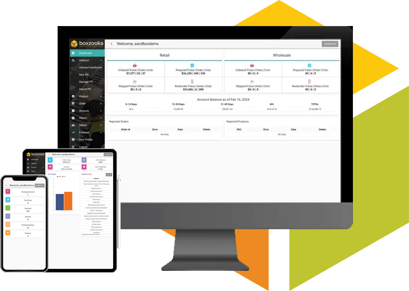 Boxzooka WMS dashboard shown across desktop, tablet, and phone