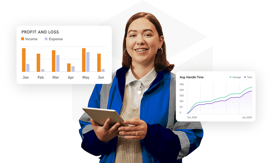 Warehouse associate with a tablet showing profit and loss and handle time analytics