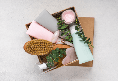 Beauty and self-care products arranged in a gift box