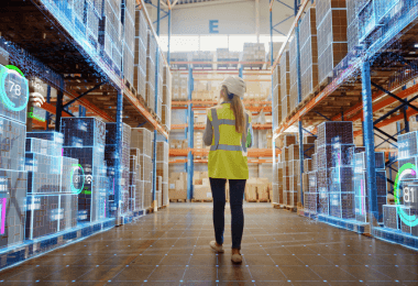 Warehouse worker walking a racking aisle with digital inventory overlays