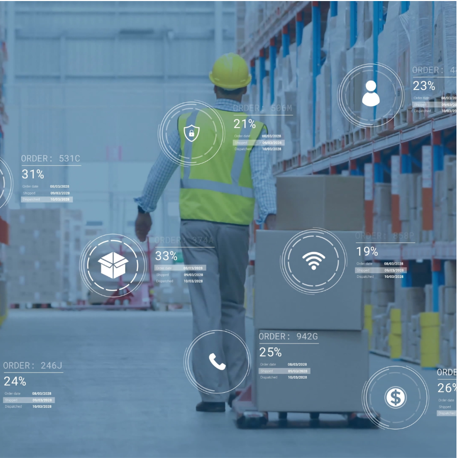 digital retail tariff strategy icons glow over warehouse worker pulling boxes on a platform cart