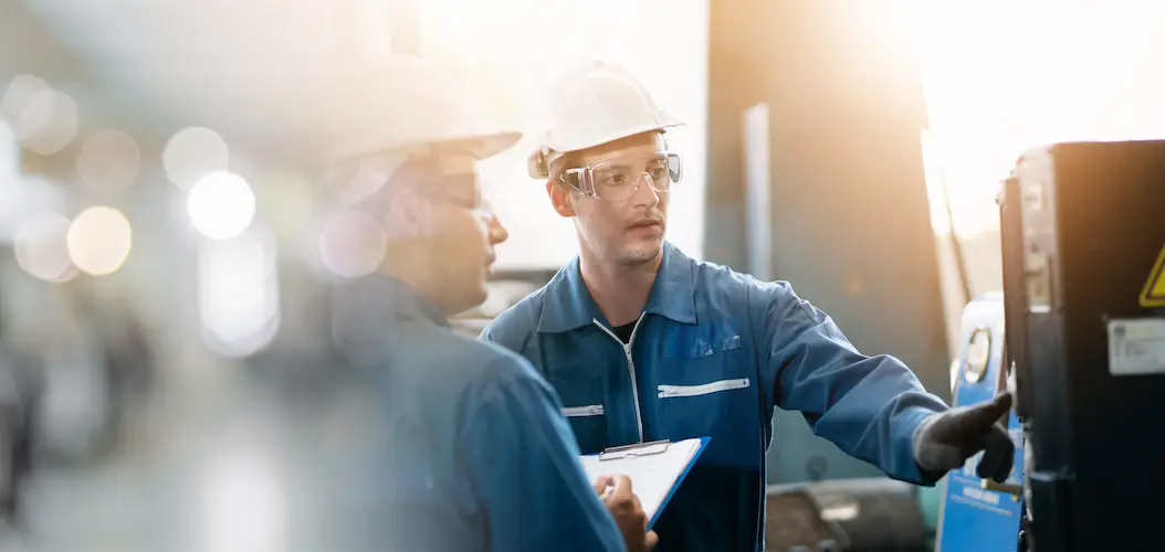 Two workers in hard hats and safety glasses reviewing equipment with a clipboard