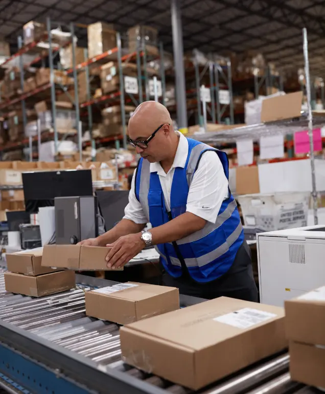 Warehouse associate sorting packages on a conveyor line