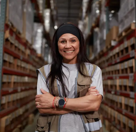 Portrait of a Boxzooka warehouse associate in a storage aisle