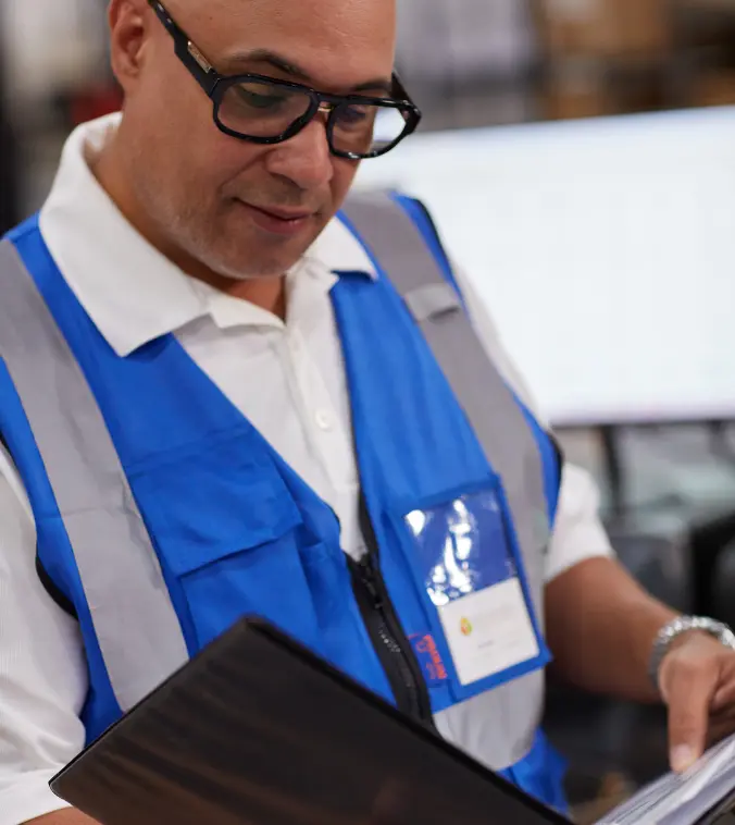 Boxzooka supervisor reviewing documents in the warehouse, representing transparent pricing and customized fulfillment solutions for clients.