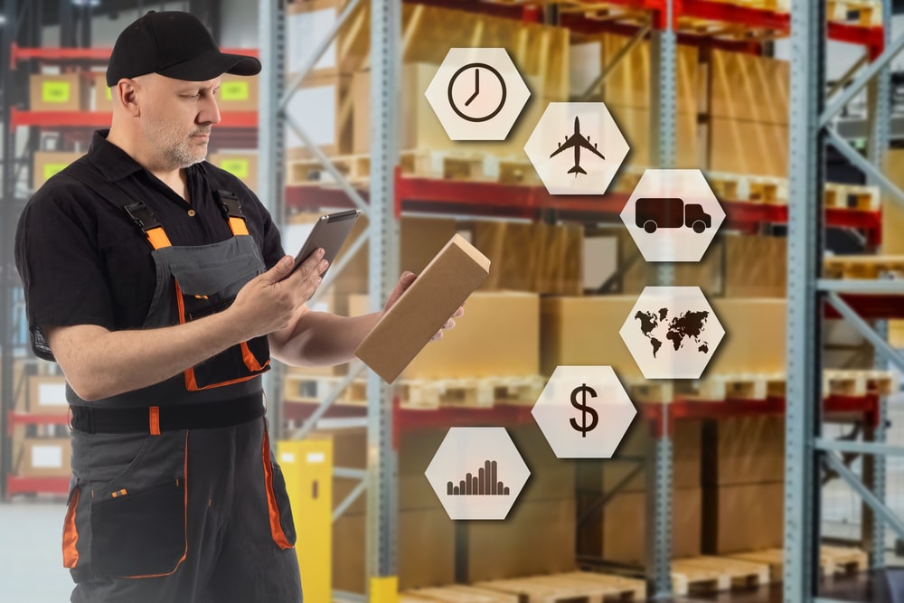 Employee fulfillment center. Man works in fulfillment center. Storage racks are behind him. Logistics icons next to man. Worker chooses method of sending goods. Working in fulfillment center.