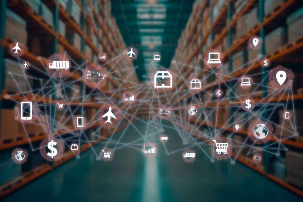 Distribution center concept and international communication network. globalized business, transportation and professional connections