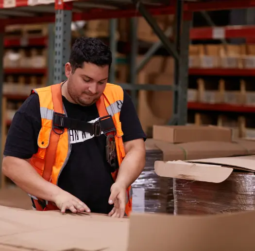 Warehouse associate packing a box