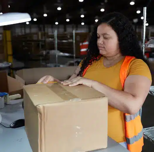Warehouse associate taping a shipping box at a packing station