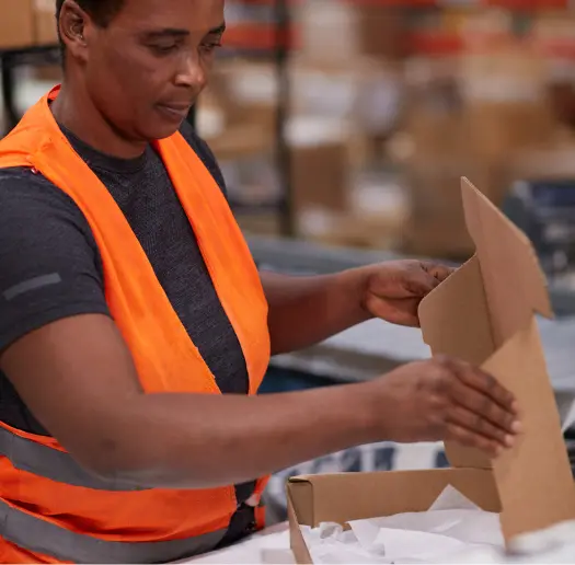 Warehouse associate folding a shipping box at a packing station