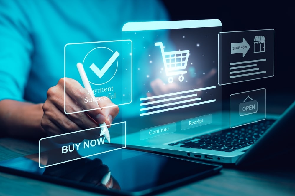 Online payment with digital marketing, Businessman touch banking online bill payment Approved concept button, credit card and network connection icon on business technology virtual screen background