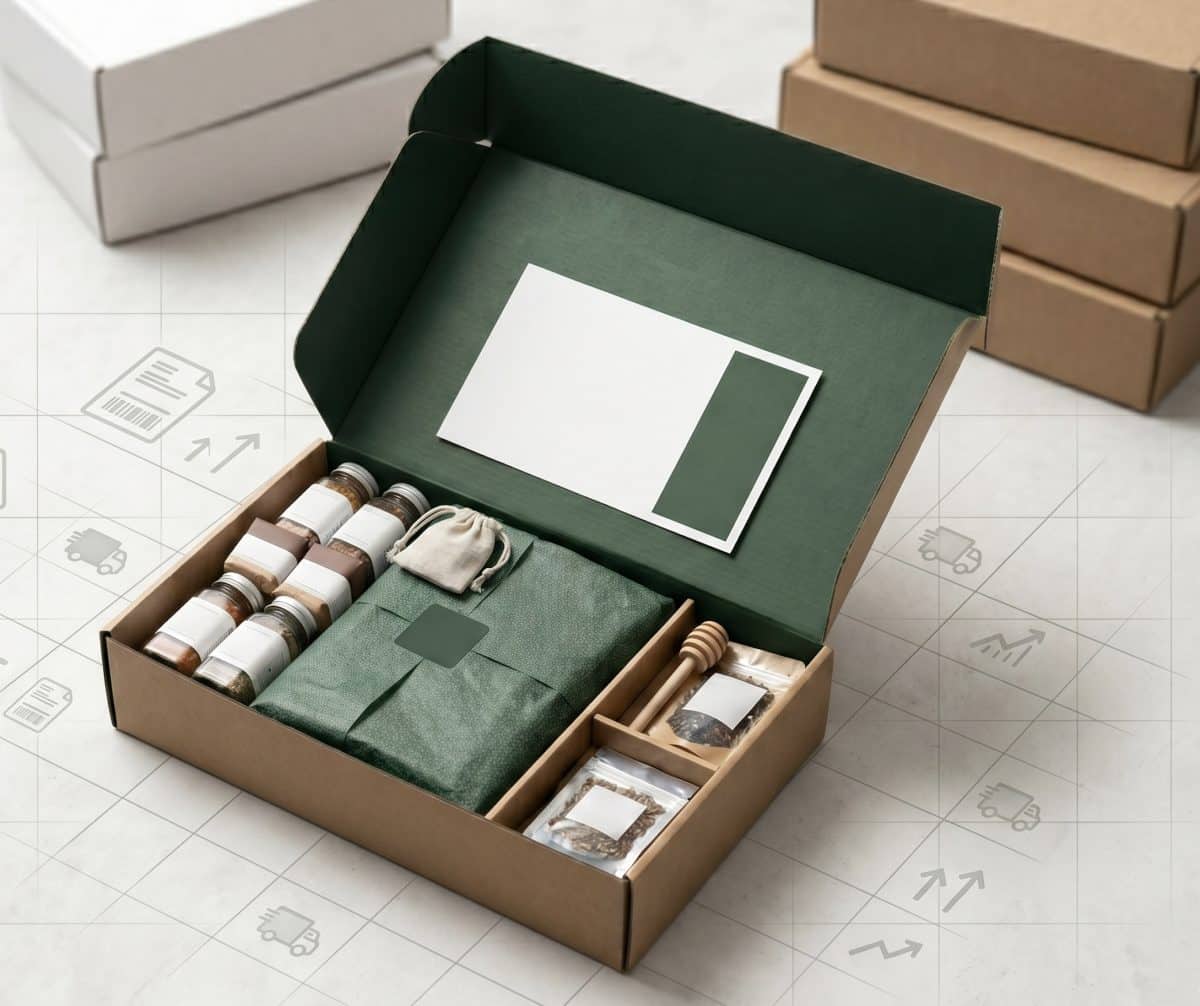 A clean, high-angle flat-lay of an open premium subscription box featuring forest green and kraft brown packaging. Inside, products are neatly arranged with branded tissue paper and a custom insert card