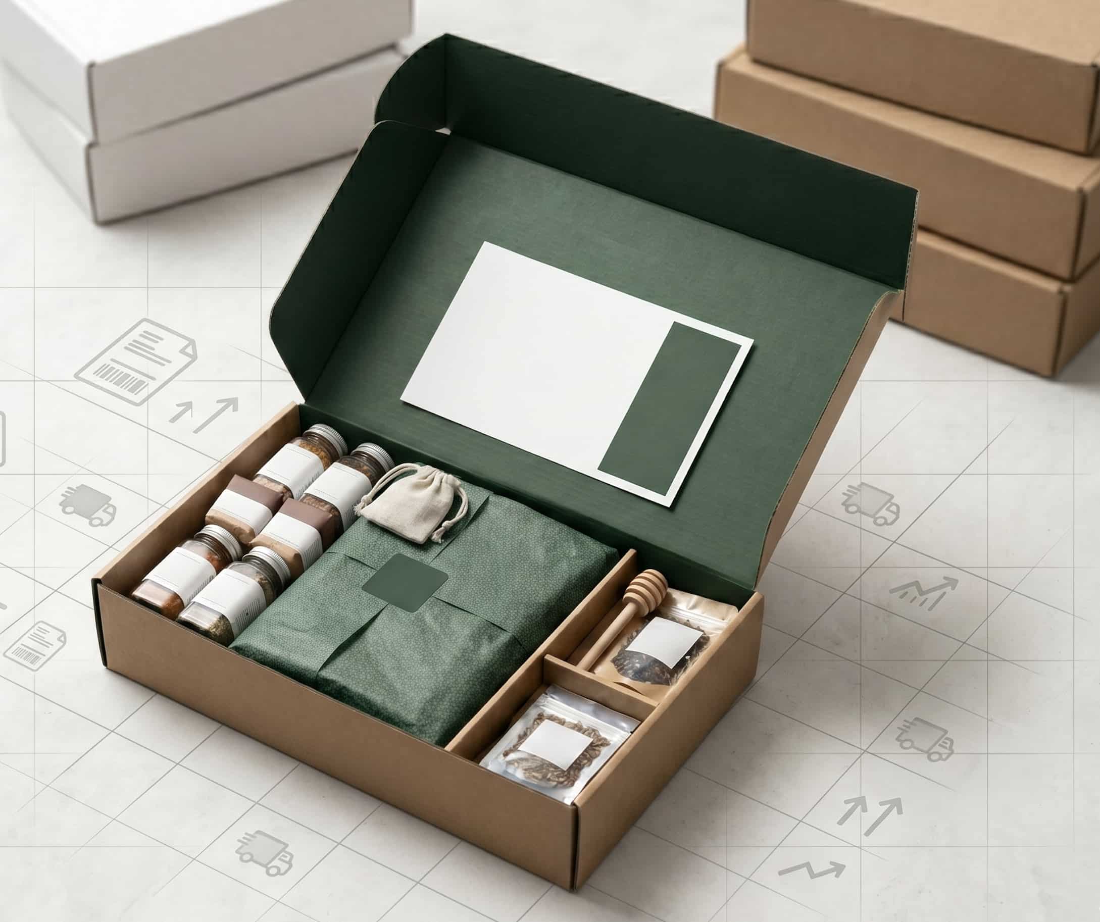 A clean, high-angle flat-lay of an open premium subscription box featuring forest green and kraft brown packaging. Inside, products are neatly arranged with branded tissue paper and a custom insert card