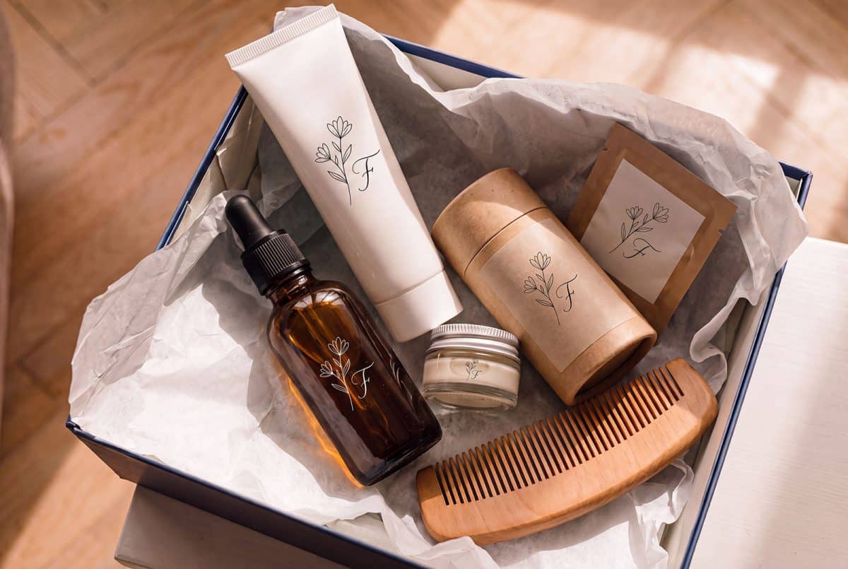 box filled with a variety of cosmetics and beauty products