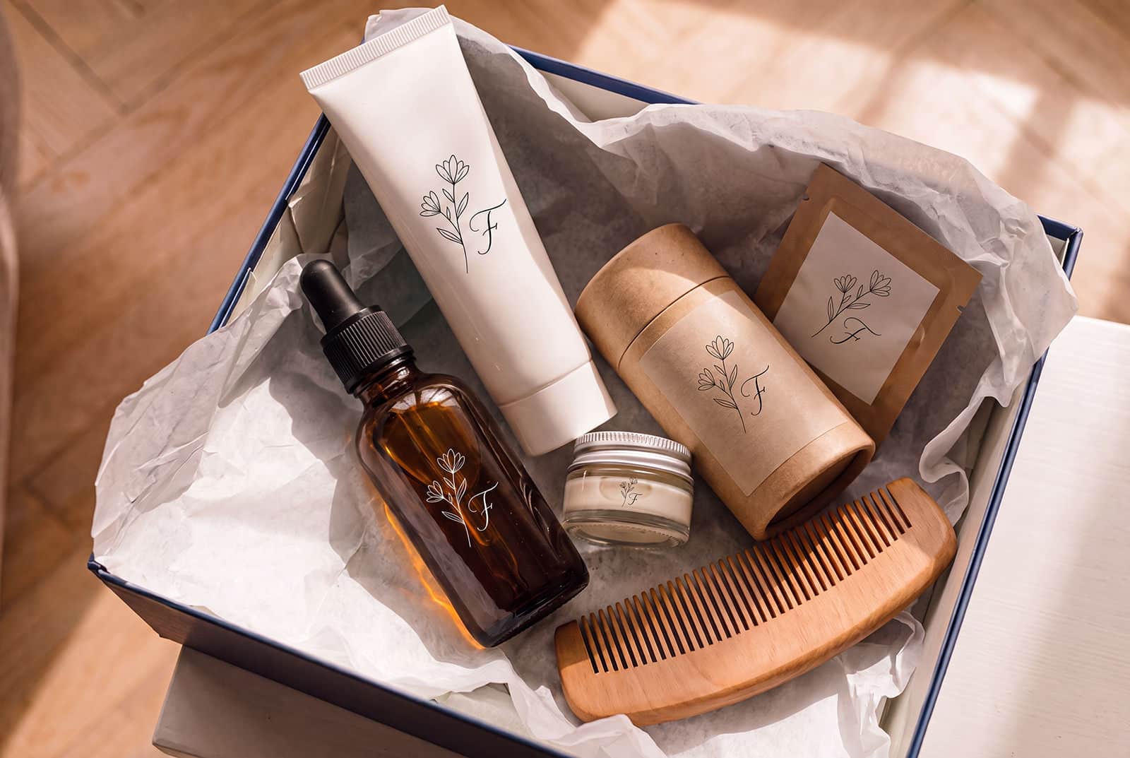 box filled with a variety of cosmetics and beauty products