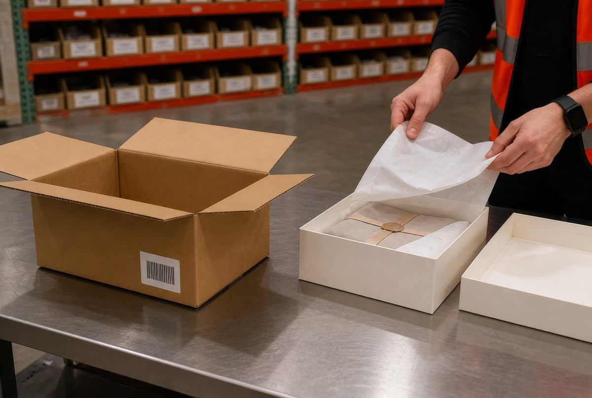 worker in a fulfillment warehouse preps an Amazon FBA package and a customized apparel package